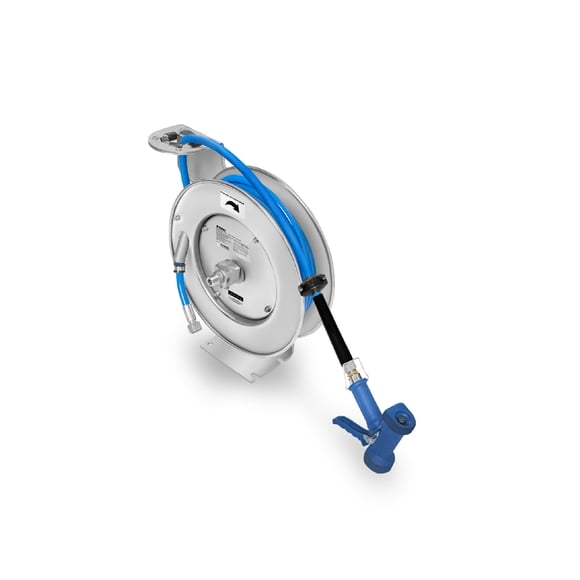 Manguera Retráctil con Pistola Rhino, Profesional 10 m, Carrete Automático de Acero Inoxidable, Sistema de Bloqueo con Trinquete, Uso Industrial, Montaje en Pared o Techo, Rango 40–80 PSI, MAPCA-10X