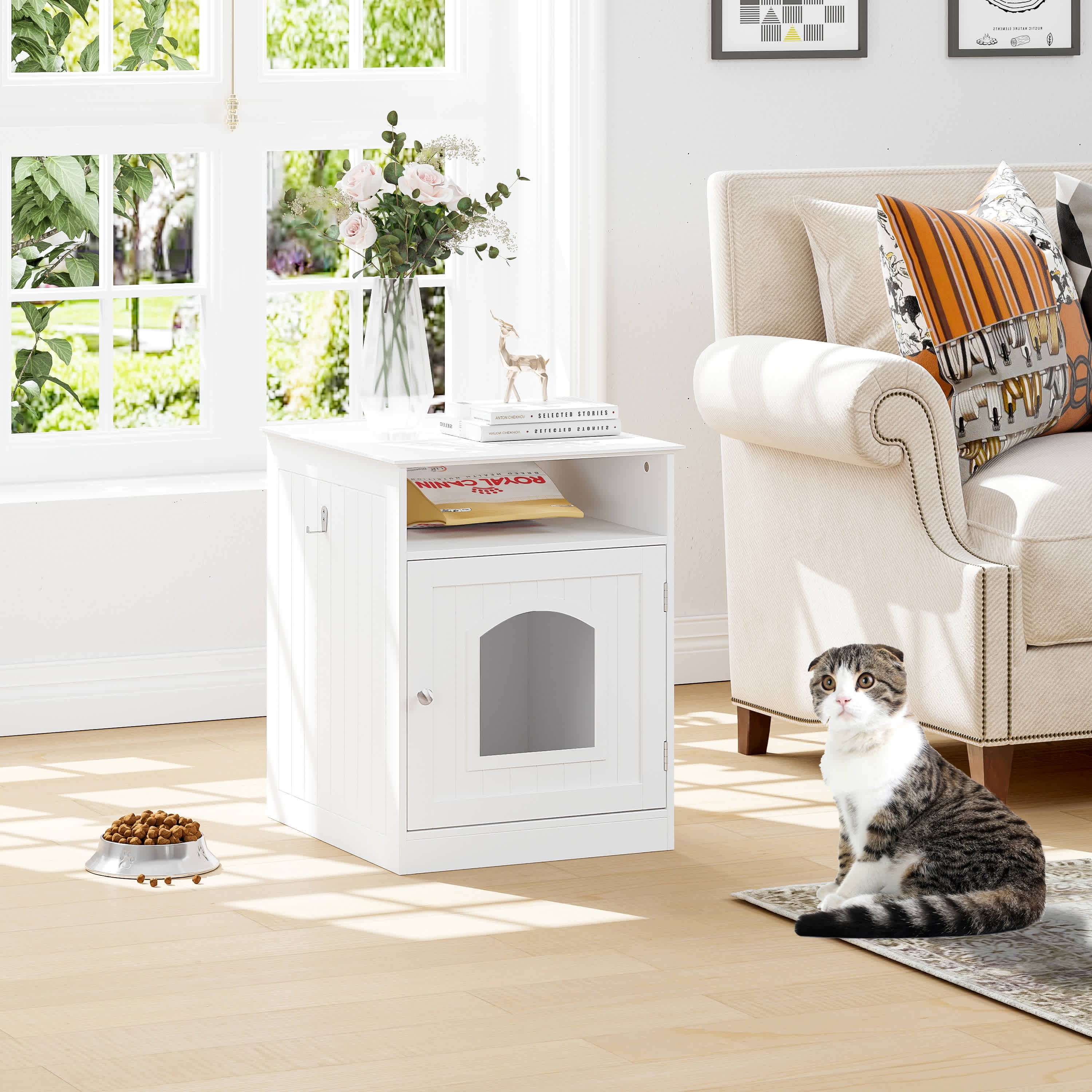 STAROUS Home Cat Litter Box Enclosure, Hidden Litter Box Furniture Cabinet Indoor Cat House Side Table(White)