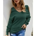 thumbnail image 2 of SWSMCLT Women's Halter Casual Fitted Cold Shoulder V Neck Sweater Soft Top Knit Spring Winter Pullover Dark Green X-Large, 2 of 4