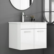 Censi 24 inch Wall-Mounted Bathroom Vanity with Sink Combo, Glossy White Double Door Cabinet, Soft Close Hinges, Ceramic Basin & Gold Handle, Space-Saving for Small Bathroom​