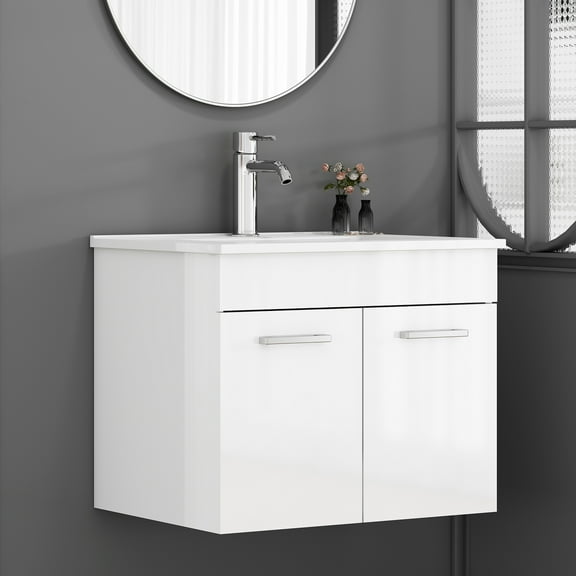 Censi 24 inch Wall-Mounted Bathroom Vanity with Sink Combo, Glossy White Double Door Cabinet, Soft Close Hinges, Ceramic Basin & Gold Handle, Space-Saving for Small Bathroom​