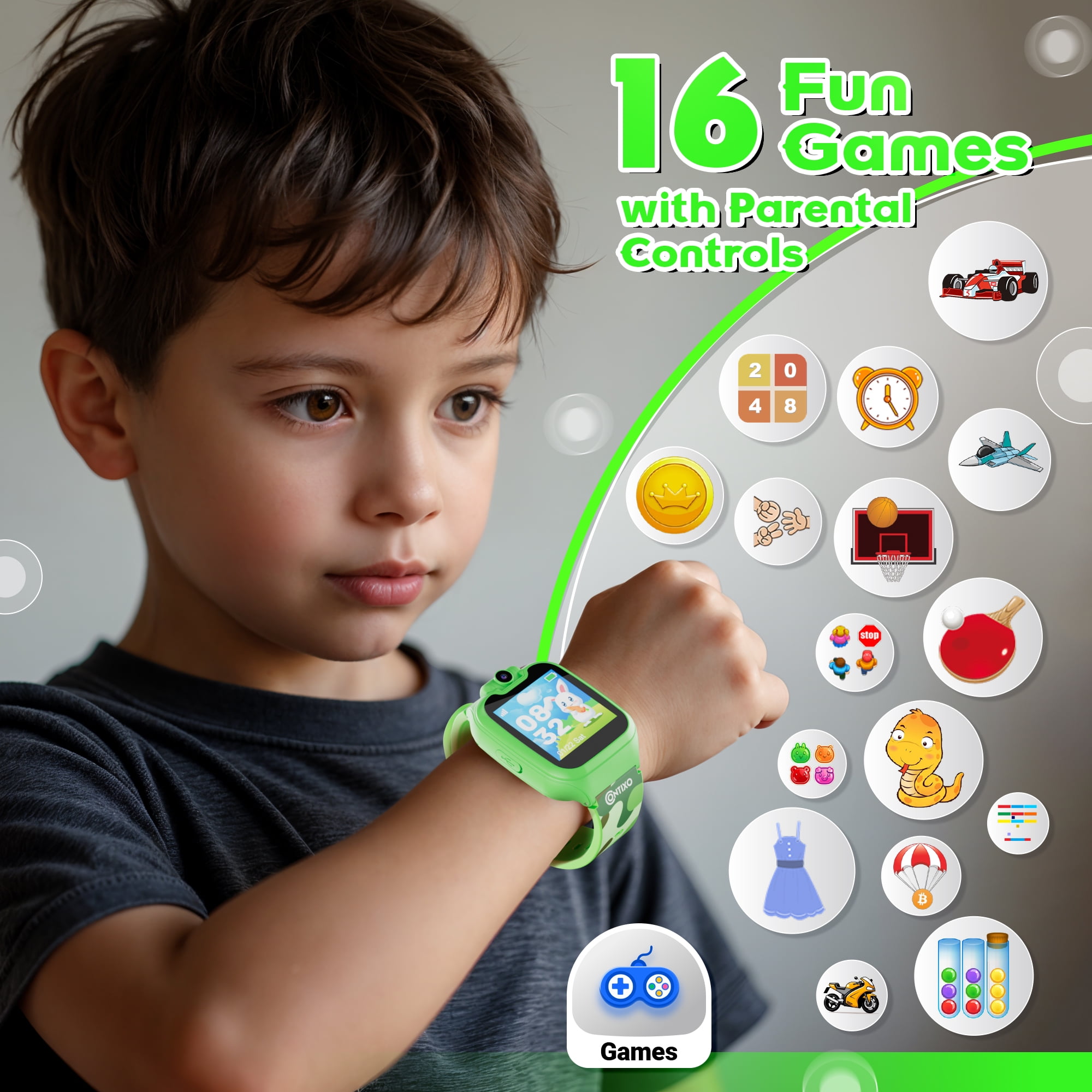 (2 pack) Contixo Kids Smart Watch with 1.54” HD Touch Screen, Kids Watch with 16 Educational Games and Rotating Camera, Green