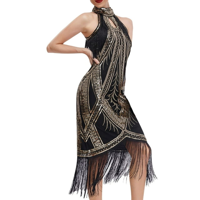 QIPOPIQ Robe Formelle pour Femmes à Franges à Pampilles et Sequins, Dos Nu, Découpes, Élégante, Soirée, Bal de Promo, Robe Midi, Été, Liquidation