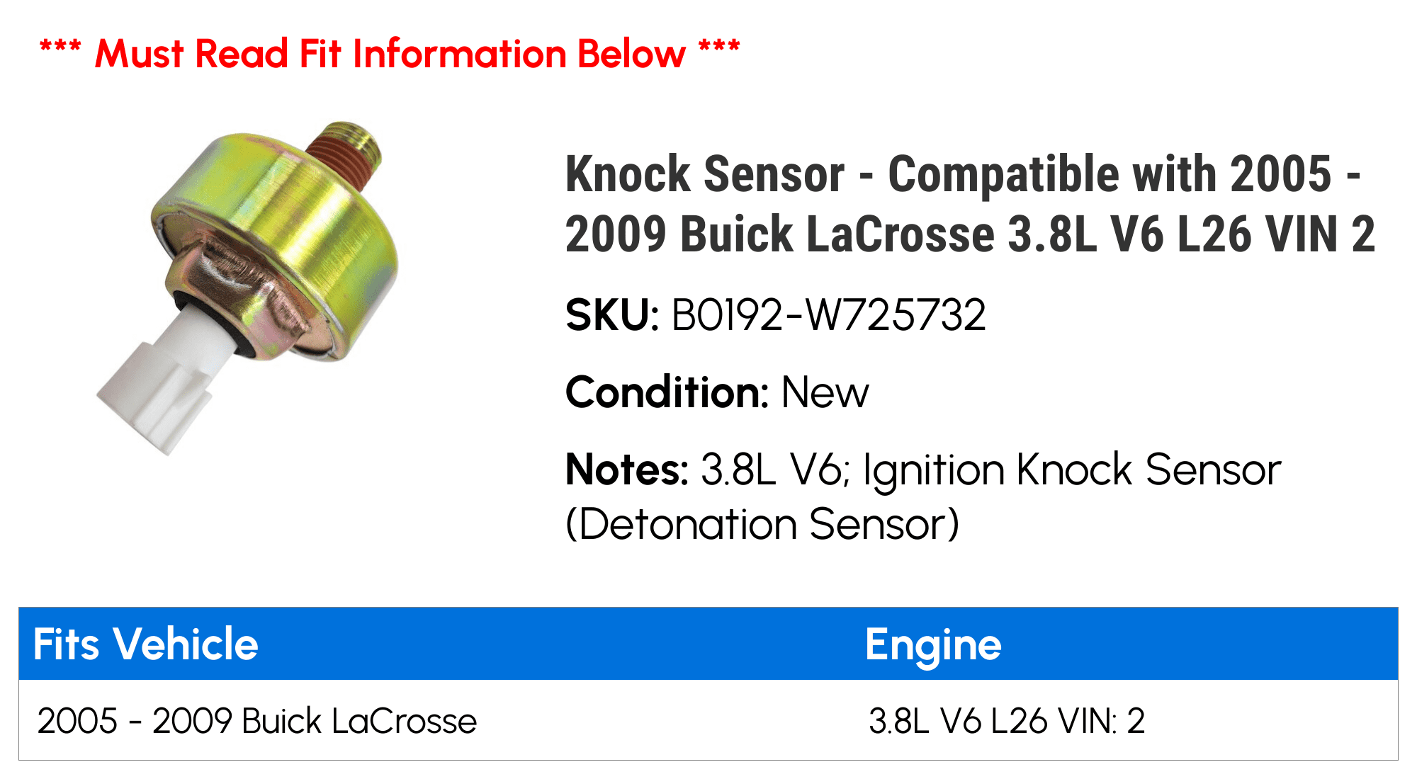 Knock Sensor - Compatible with 2005 - 2009 Buick LaCrosse 3.8L V6 L26 VIN 2 2006 2007 2008
