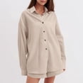 thumbnail image 6 of 2 Piece Linen Outfits for Women Fall Spring Long Sleeve Button Up Shirt and Elastic Waist Shorts Set Travel Clothes (S, Khaki), 6 of 7