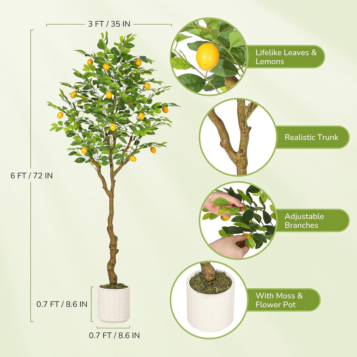 6FT Artificial Lemon Tree Indoor, Pre Potted Faux Lemon Tree with Realistic Fruit and Lifelike Leaves, Fake Lemom Plant with 100 Lights for Indoor Home Decor Office Living Room