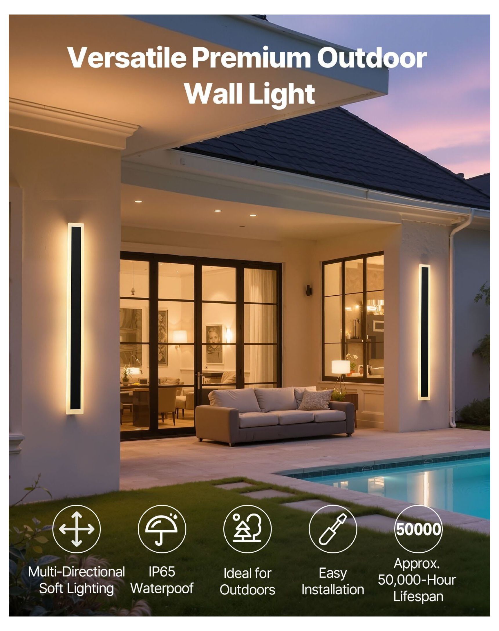Outdoor Wall Lights 2 Pack, 47.2 Inch Modern Exterior Sconce, Dimmable 2700K-6000K, IP65 Waterproof, Anti-Rust, Porch Garage Lighting
