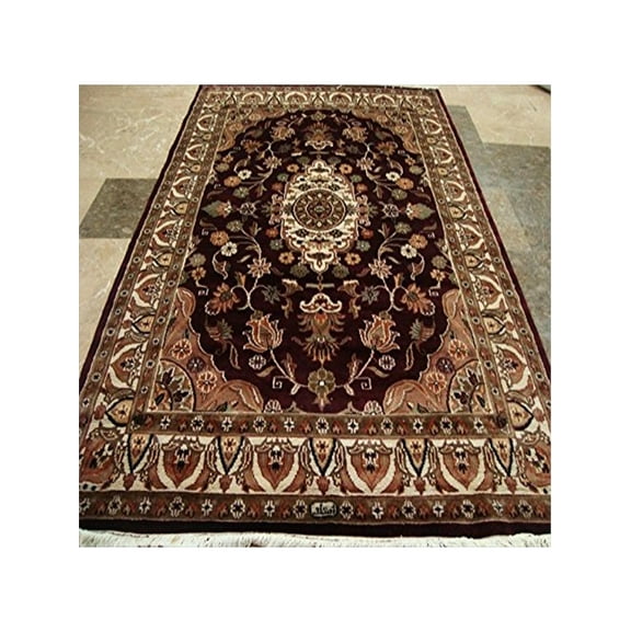Ahmedani Linen Mehroon Ruby Red Exclusive Rectangle Home Decor Area Rug Hand Knotted Wool Silk Indoor Carpet (6 x 4)'