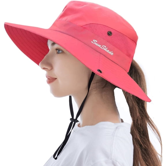 Minzimin 1/2 Pack Womens Wide Brim Sun Hats Foldable UV Protection Beach Bucket Hats Ponytail Mesh Fishing Hat