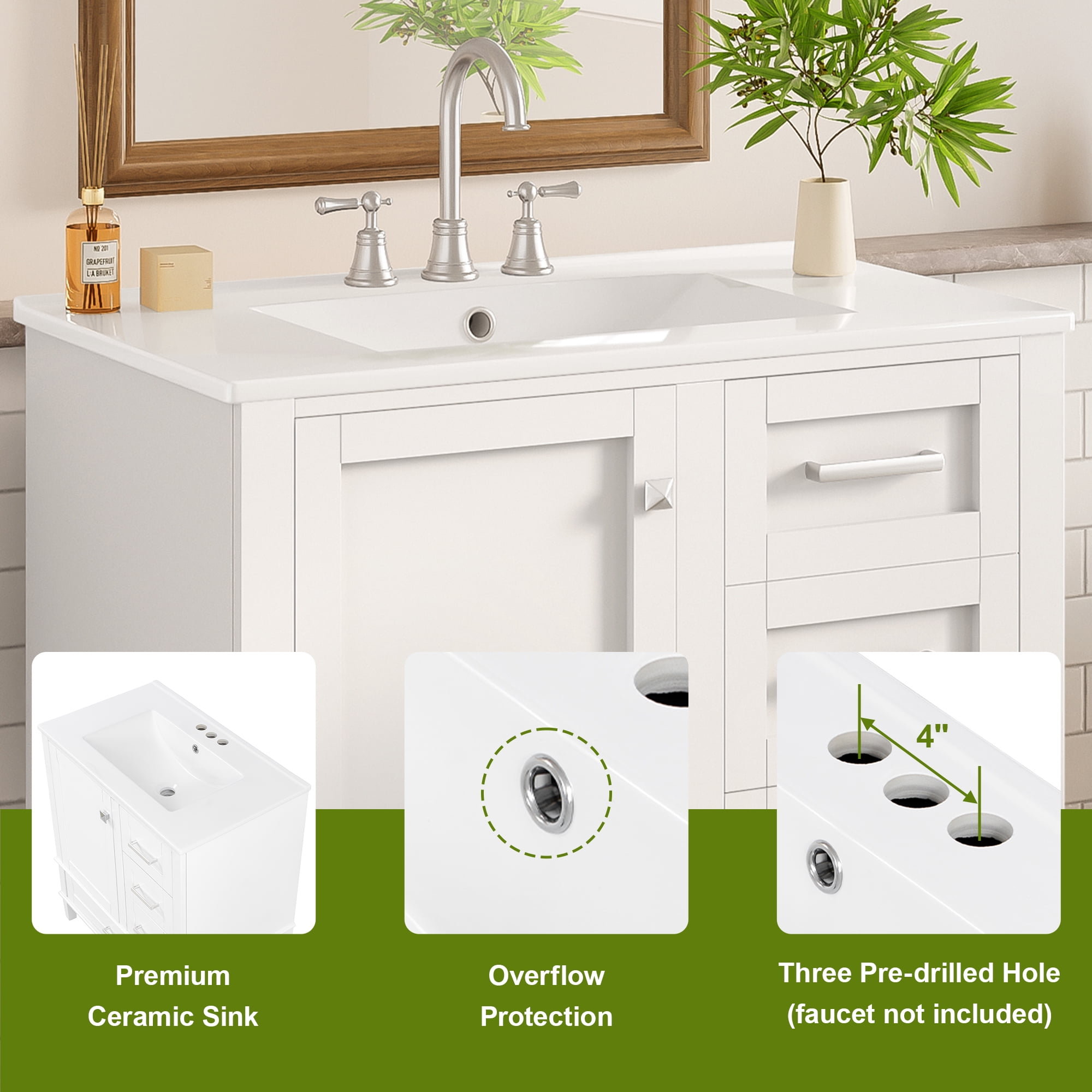 Euroco 30" Bathroom Vanity, Modern Bathroom Cabinet with Sink Combo Set, Bathroom Storage Cabinet with 1 Soft-Closing Door and 3 Soft-Closing Drawers, Solid Wood Frame (White)