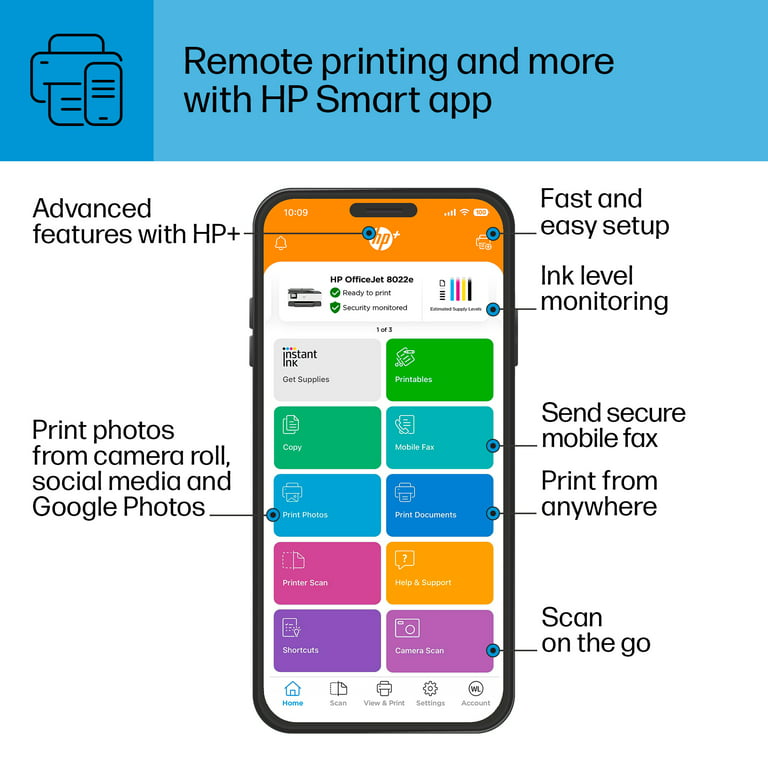 Comprar Impresora Multifunción HP OfficeJet Pro 8022e, WiFi, USB, Fax,  color, 6 meses impresión Instant Ink con HP+, doble cara · HP · Hipercor