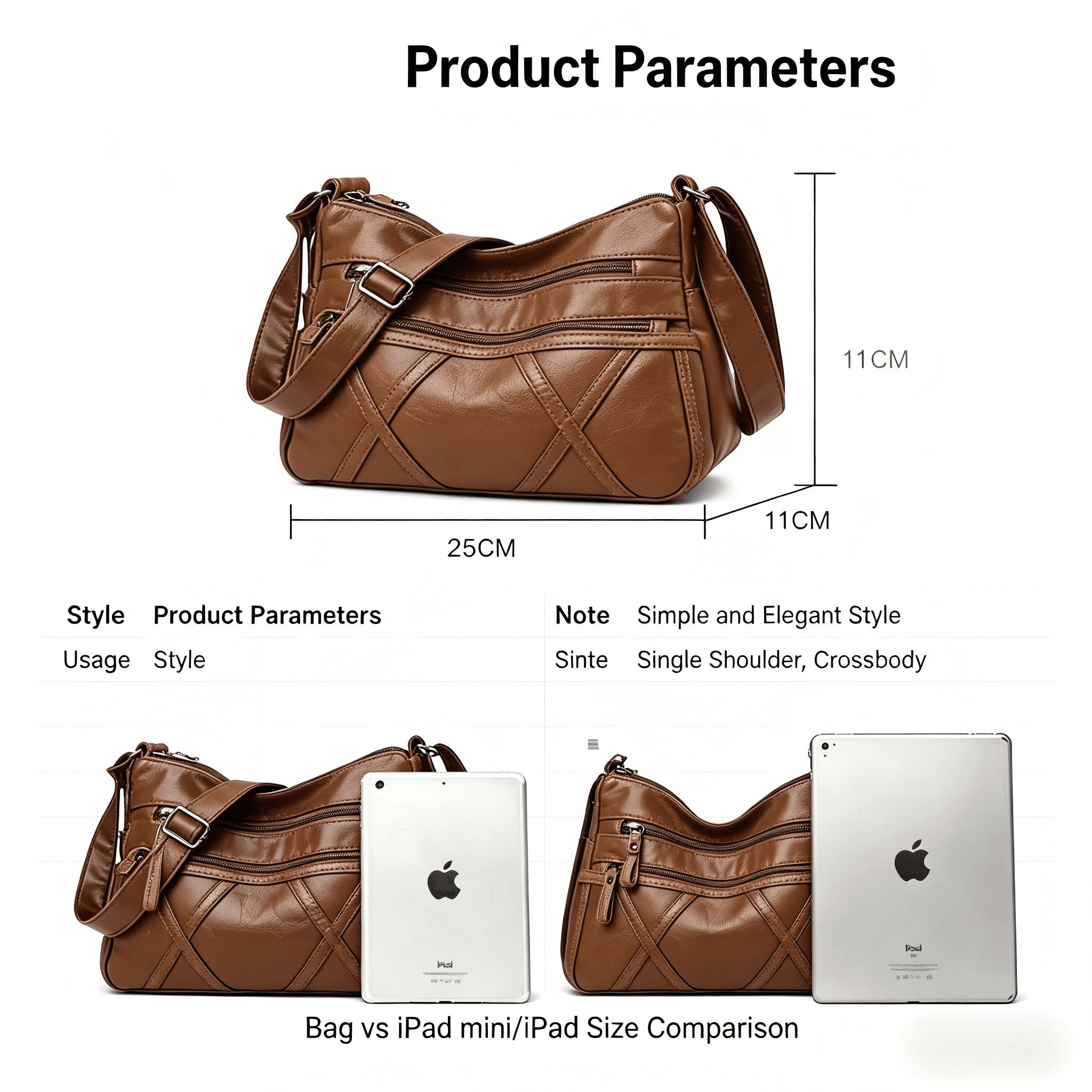FIDAC Women's Shoulder Bag PU Leather Solid Multi Pocket Crossbody Bag, Brown, 1-Piece