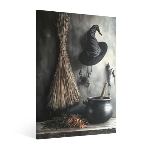 Vintage Halloween Witch's Fireplace Canvas Wall Art Painting, Retro Horror Creepy Dark Poster,Gothic Artwork Picture Print Decor, Spooky Ghost Wall Decor for Bar Living Room Bedroom Party Framed ﻿