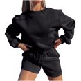 thumbnail image 2 of Ensemble de 2 Pcs pour Femmes 2023 Couleur Unie Mode Blouse Col Rond Manches Longues Hauts Courts Chandail en Molleton Shorts Ensemble Décontracté en Solde, 2 of 7