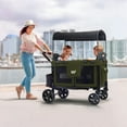 WONDERFOLD W4 4 Seater Multi-Function Quad Stroller Wagon with Removable Raised Seats and Slidable Canopy, Olive Green