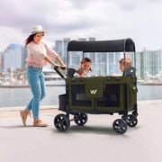 WonderFold W4 4 Seater Quad Stroller Wagon, Stylish All Terrain Ride with Raised Seats & Adjustable Canopy, Olive Green