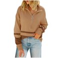 thumbnail image 2 of Long Sleeve Sweatshirts for Women Striped Half Zip up Tops Loose Fall Pullover Shirts Khaki M, 2 of 7