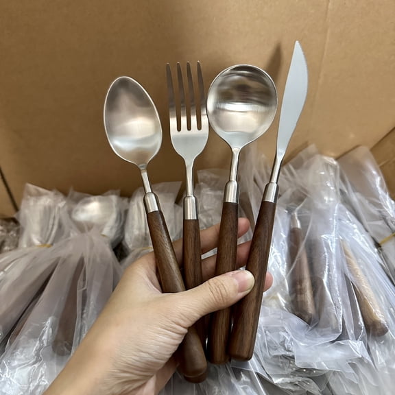 Vintage Walnut Wood Handle Silverware Set- Premium Stainless Steel with Wood Handle Flatware Cutlery Set for Home Kitchen Dining(4 Piece set)