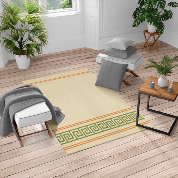 Abstract Turkish Area Rug, Simplistic Classic Greek Inspired Pattern in Monochrome Design, Soft Carpet for Living Room Decor with Distressed Look, 4' X 5.7', Champagne Orange and Fawn, by Ambesonne