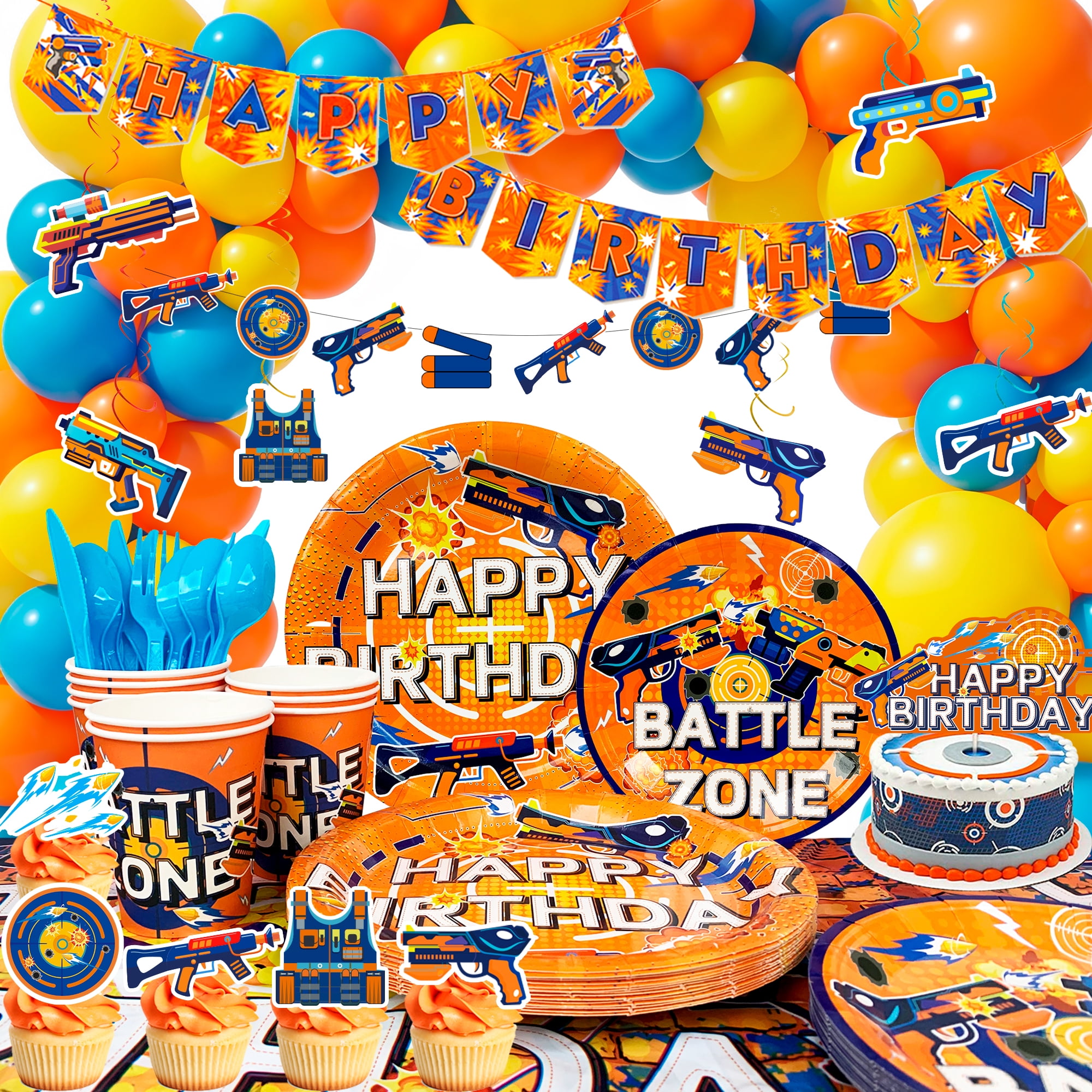 Dart Party Decorations 232pcs Dart Birthday Decorations Tableware Set - Cupcake Toppers Banner Plates Tablecloth etc for Dart Party Supplies