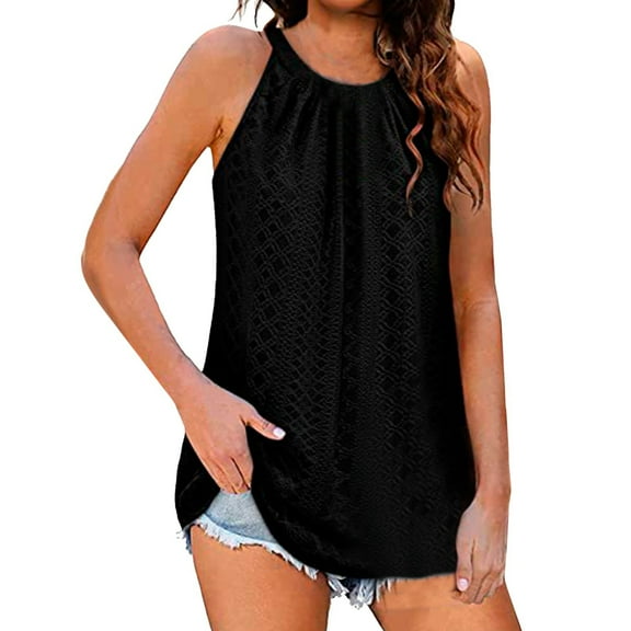 Baqcunre Tank Top For Women Tank Top For Women Loose Fit High Neck Sleeveless Halter Tops Pleated Eyelet Flowy Shirts Blouse Workout Tops For Women Tshirts Shirts For Women Black L