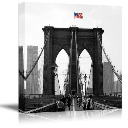 Usa Home Decor wall26 Black and White Photograph with Pop of Color on the USA Flag Above the Brooklyn Bridge - Canvas Art Home Decor - 24x24 inches ()