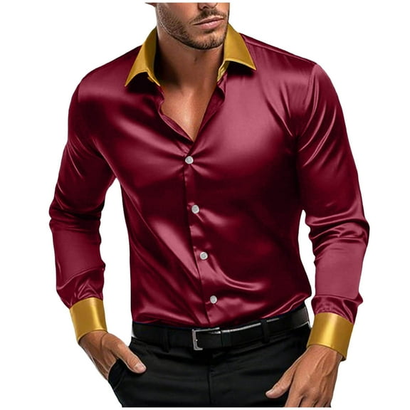 Mens Stretch Dress Shirts Long Sleeve Button Down Lapel Collar Satin Shirt for Formal Casual Business Party Wedding