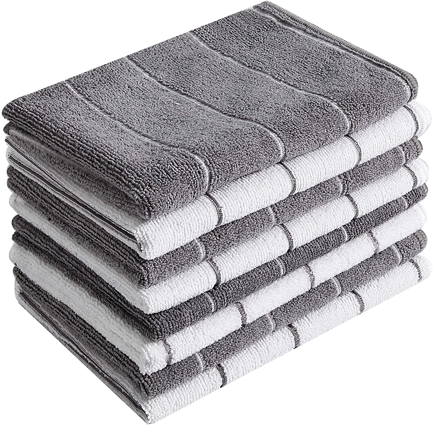 Microfiber Kitchen Towels Stripe Designed Grey and White Colors 8 Pack Super Absorbent Soft and Solid Color Dish Towels 26 x 18 Inch 