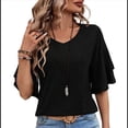 thumbnail image 3 of Camiseta de Corta con Volantes para Mujer, Cuello en V, Acampanada de Doble Capa Negro XL, 3 of 8