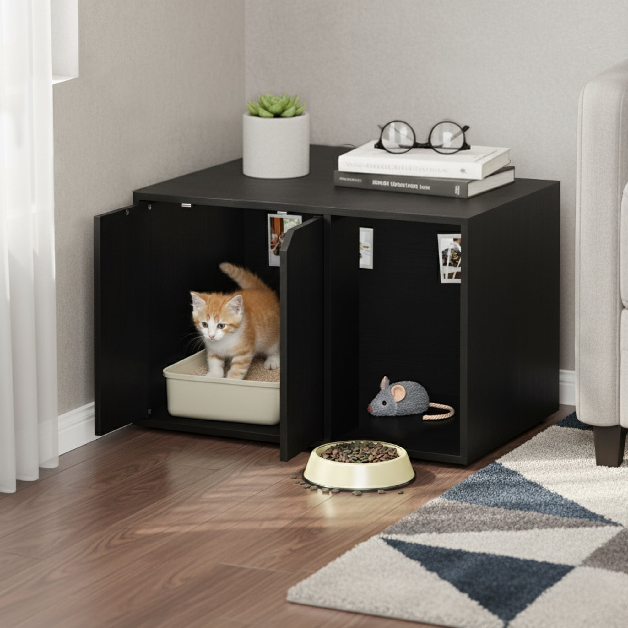 Furinno Peli Cat Litter Box Enclosure, 24 Inch Hidden Litter Box Furniture with Side Entrance, Wooden Pet House with Doors, Easy Assembly, for Living Room, Dark Americano