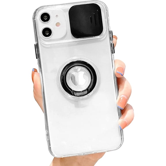 Compatible with iPhone 11 Case with Ring Holder, Clear Silicone Shockproof Soft TPU Back Slide Camera Cover Case for iPhone 11 6.1 Inch, White