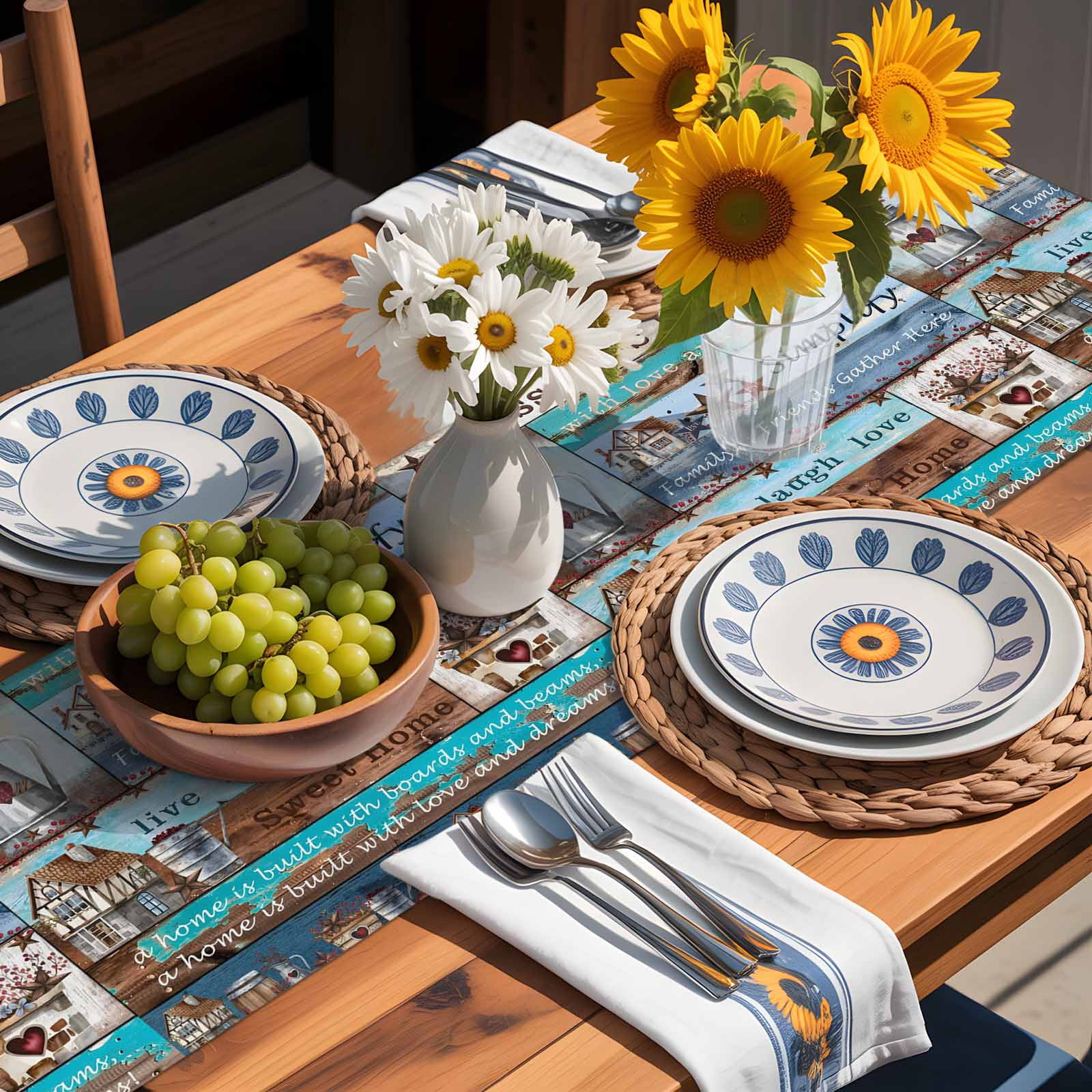 Star Bless This Home Star Table Runner 90 Inches Long, Vintage Watercolor Farm Wood Grain Table Runners Tabletop Scarf Kitchen Dining Tables Decoration for Home Party Indoor Outdoor
