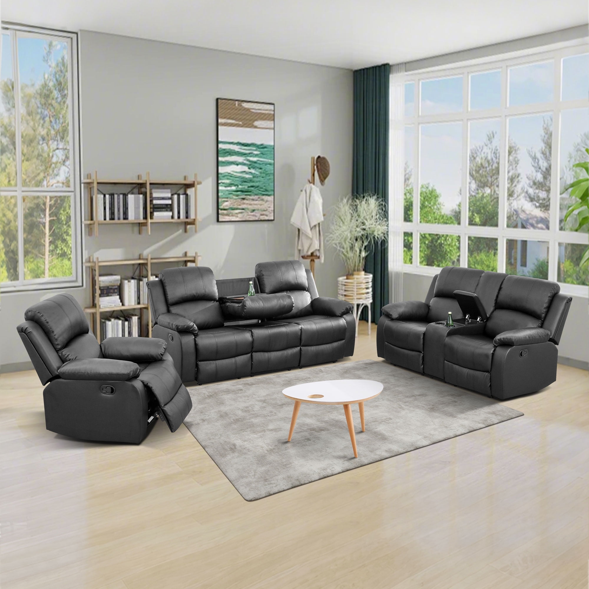 Gewnee 3-Seat Sofa and Recliner with Console and Cup Holders, Air Leather and High-Elasticity Sponge, Adjustable Reclining Angle, Ideal for Living Room, Black