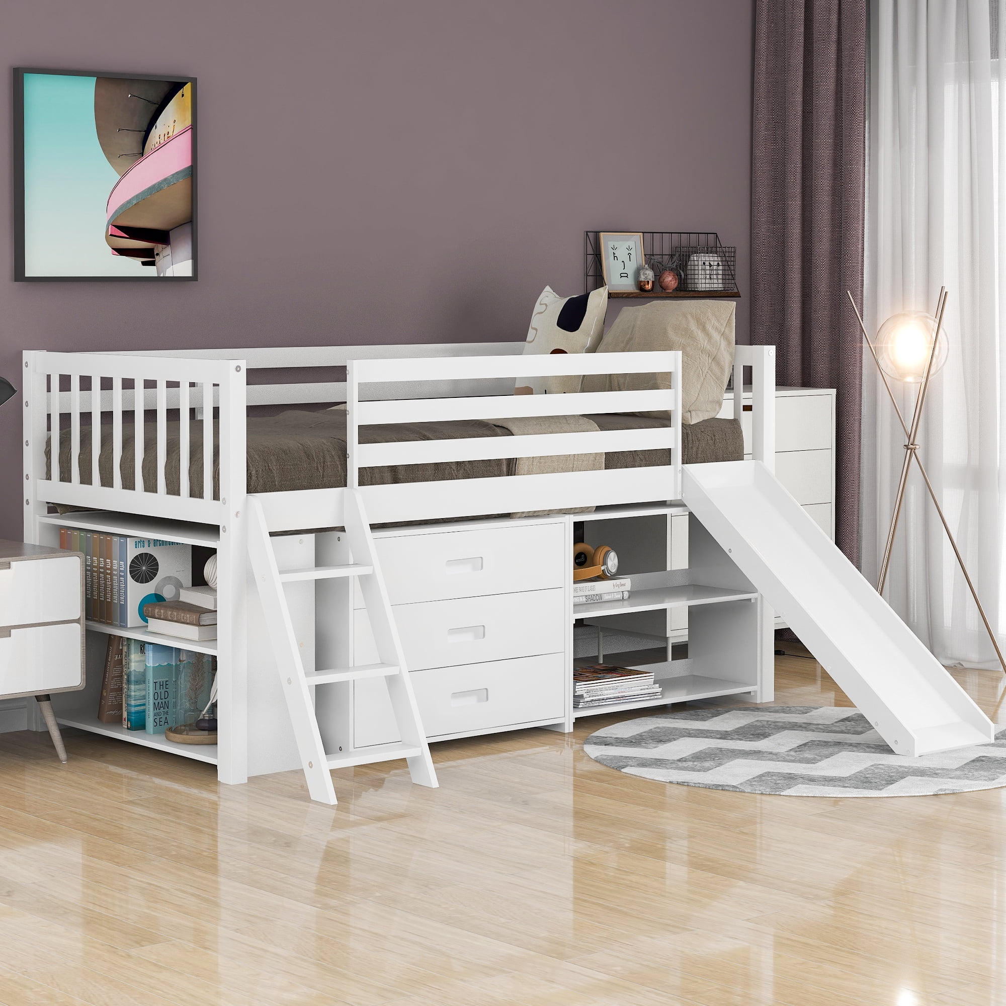 Low Loft Bed with Attached Bookcases and Separate 3-tier Drawers ...