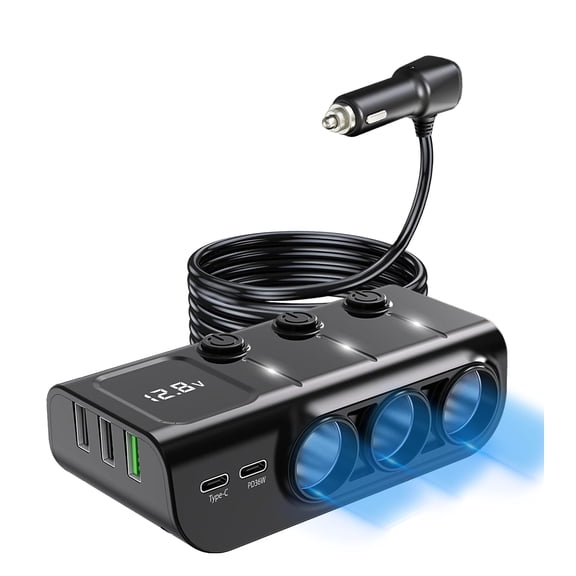 8 in 1 Cigarette Lighter Splitter, GUANGHUI 3 Socket Car Charger Adapter, Type-C QC3.0 PD36W Dual USB Charger Port, Car 12V/24V Plug Outlet with Independent Switches, LED Voltmeter(3.3FT Cable)