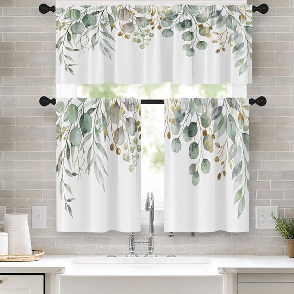 Window Valance for Windows, 52x39 Inch, 3 Pack, Eucalyptus | Green Leaves Spring Summer Rod Pocket Cafe Curtain Drapes for Living Room Bedroom Bathroom Kitchen Over Sink Decor