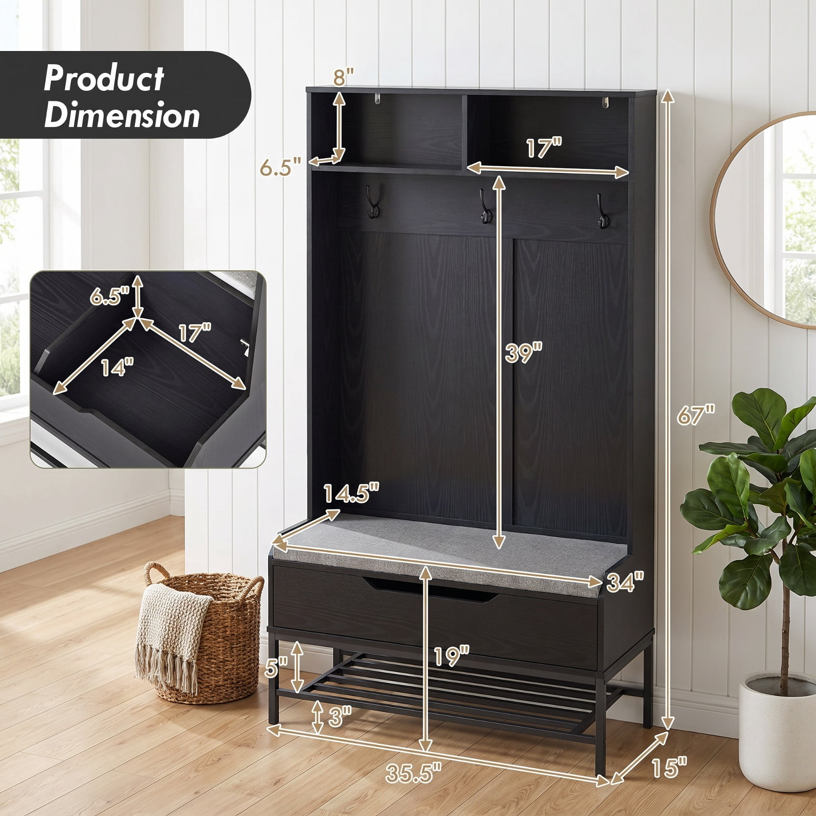 Furnibear 69 Inch Tall Hall Tree 4 in 1 Coat Rack with Cushioned Bench and Shoe Storage and Hooks for Entryway and Foyer, Black