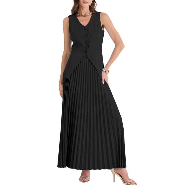 INSPIRE CHIC Conjunto de 2 Piezas para Mujeres, Top sin Mangas de Cuello en V para Verano y Falda Larga Plisada, Color Negro