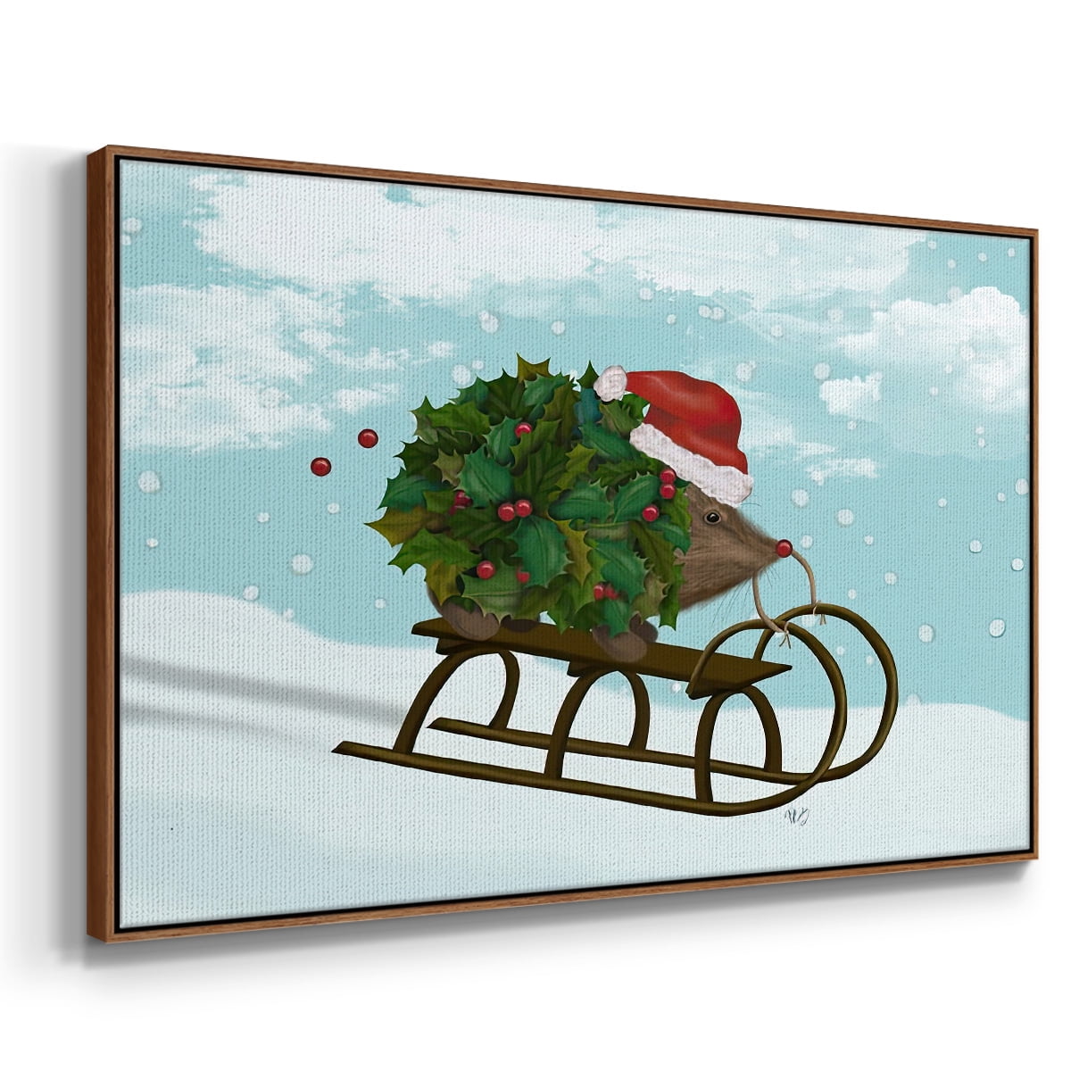 Christmas Holly Hedgehog Sledding - Framed Gallery Wrapped Holiday Canvas - 25 x 37 - Rosewood Frame