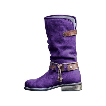

Rdeuod Mid Calf Boots for Women Winter Warm Suede Rope Ethnic Wind Boots Low Heel Side Zipper Boots