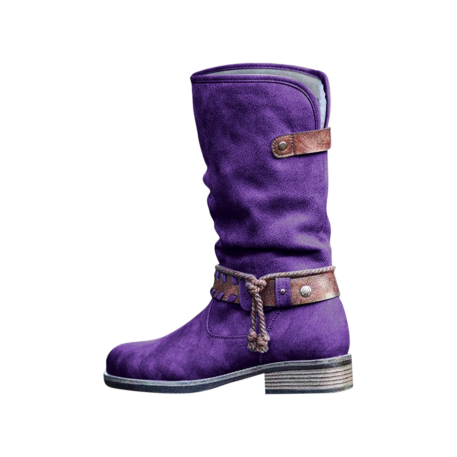 BONIXOOM Womens Boots Low Heel Rubber Zip-Up Mid-Calf Winter Purple ...
