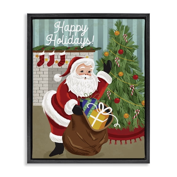 Stupell Industries Shabby Chic Happy Holidays Santa Gift Bag Black Floating Frame Canvas Art, 17 x 21, by Arrolynn Weiderhold