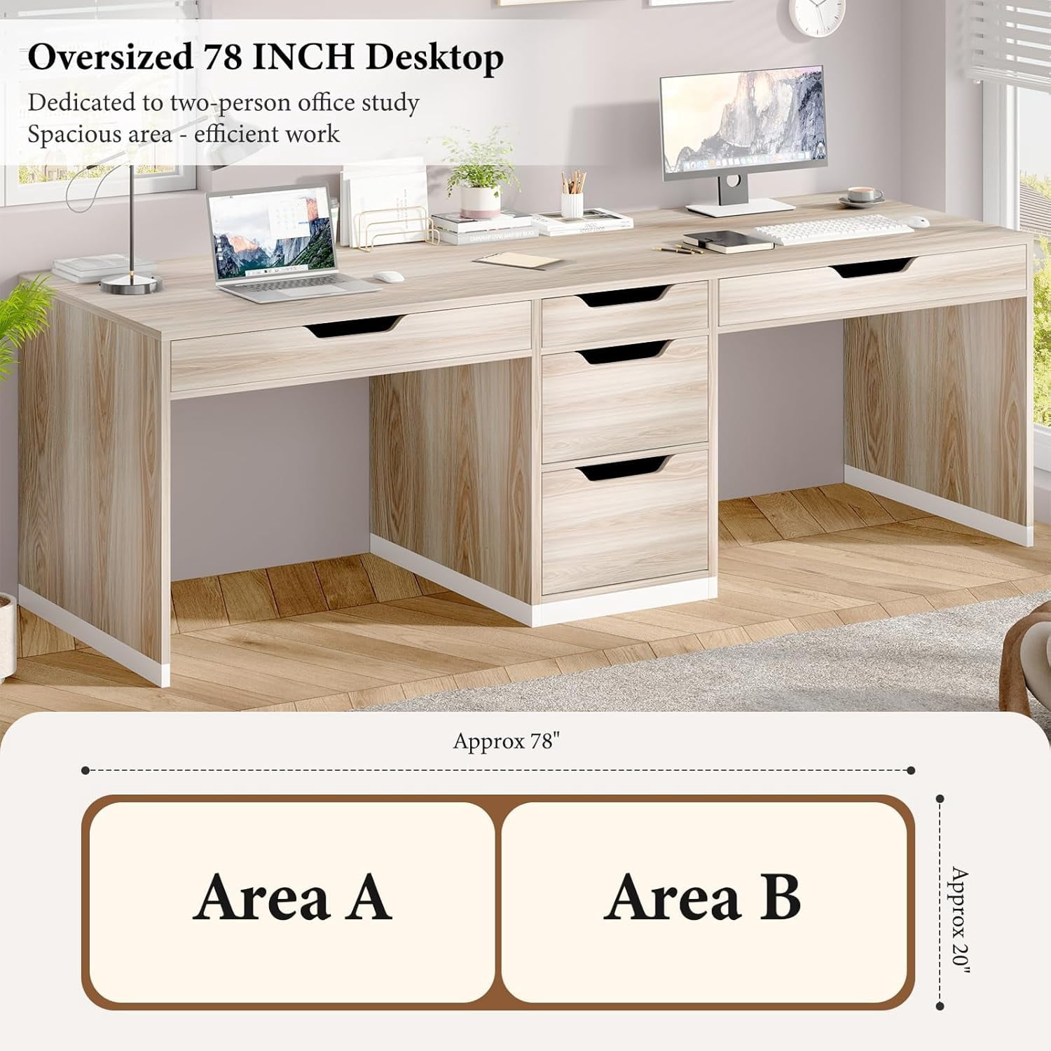 DreamCurship 78 inch Two Person Desk with 5 Drawers, Computer Desk with Storage for 2 People, Home Office Workstation Desk, Modern Writing Table, White and Walnut