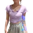 thumbnail image 1 of Camiseta de mujer de corte ajustado con escote en V, frunces laterales y detalle de cordón, violeta claro, talla M, 1 of 8