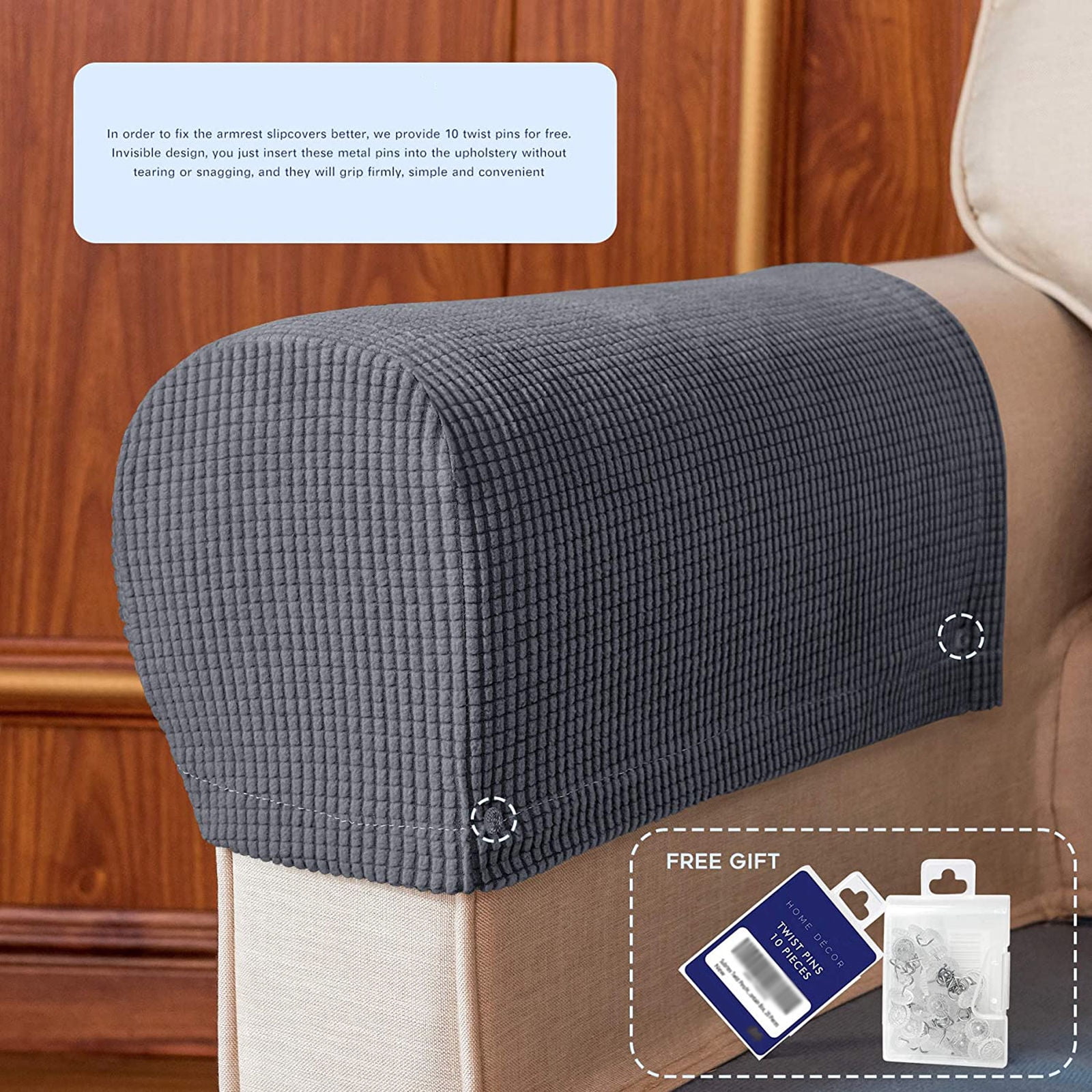 Stretch Armrest Covers, Anti-Slip Couch Arm Cover Spandex Armchair Slipcover for Recliner Sofa Washable Sofa Arm Protector with Twist Needle-Dark gray-2 pcs
