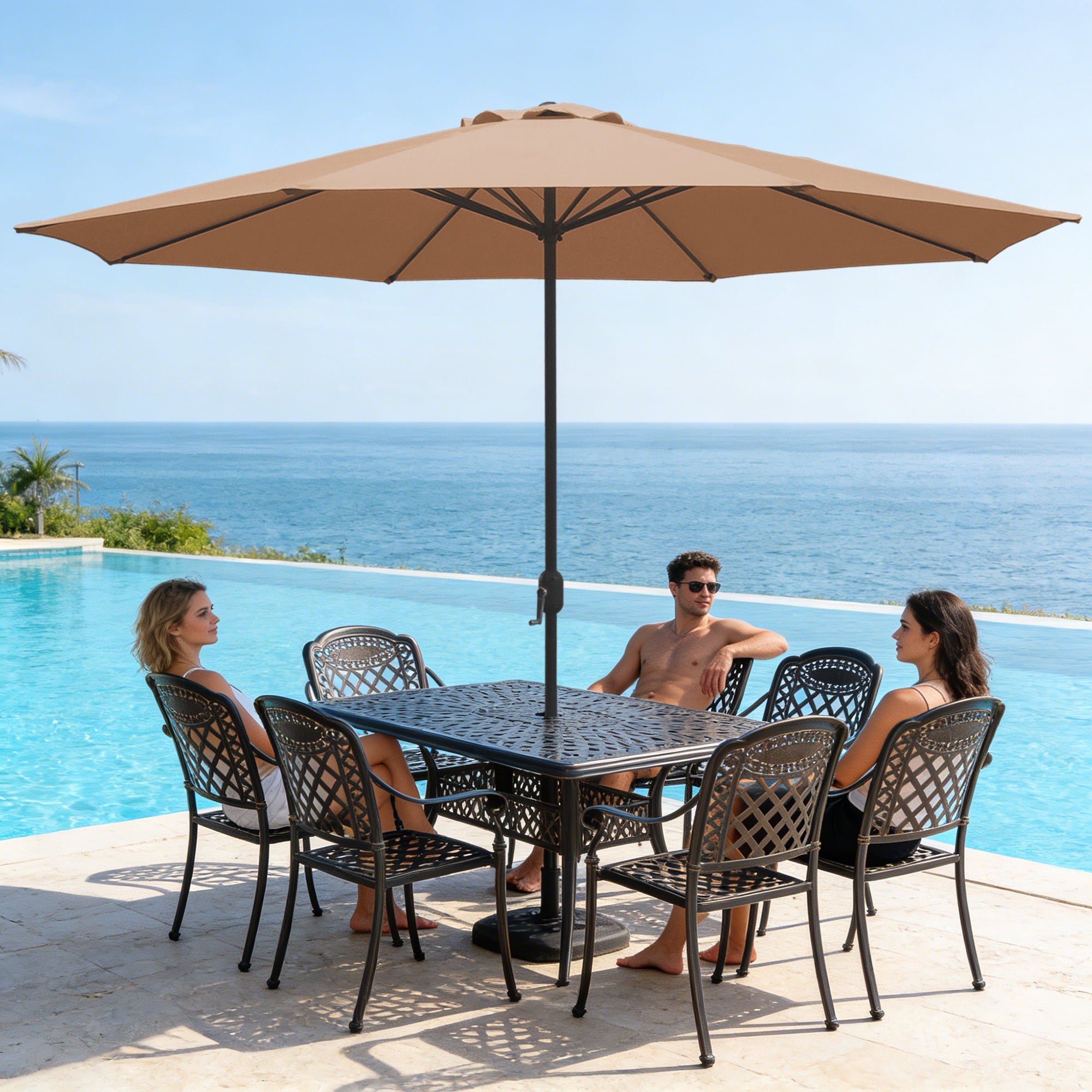Abble 11FT Outdoor Patio Umbrella with Crank Handle, Market Umbrella with 8 Sturdy Umbrella Ribs, Waterproof for Garden Deck Backyard Pool, Tan