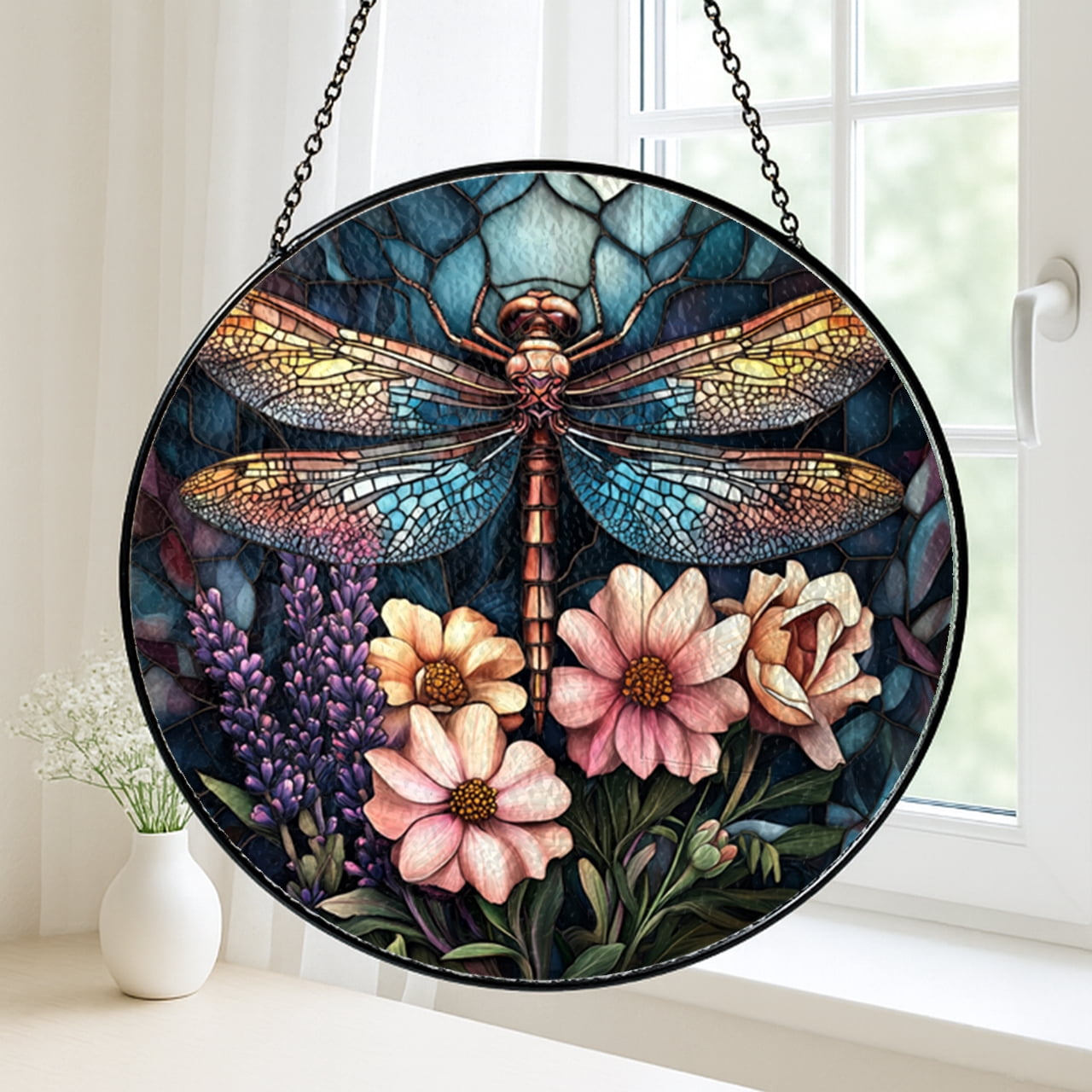 Dragonfly Acrylic Faux Stained Glass Suncatcher – Lavender Window Decor