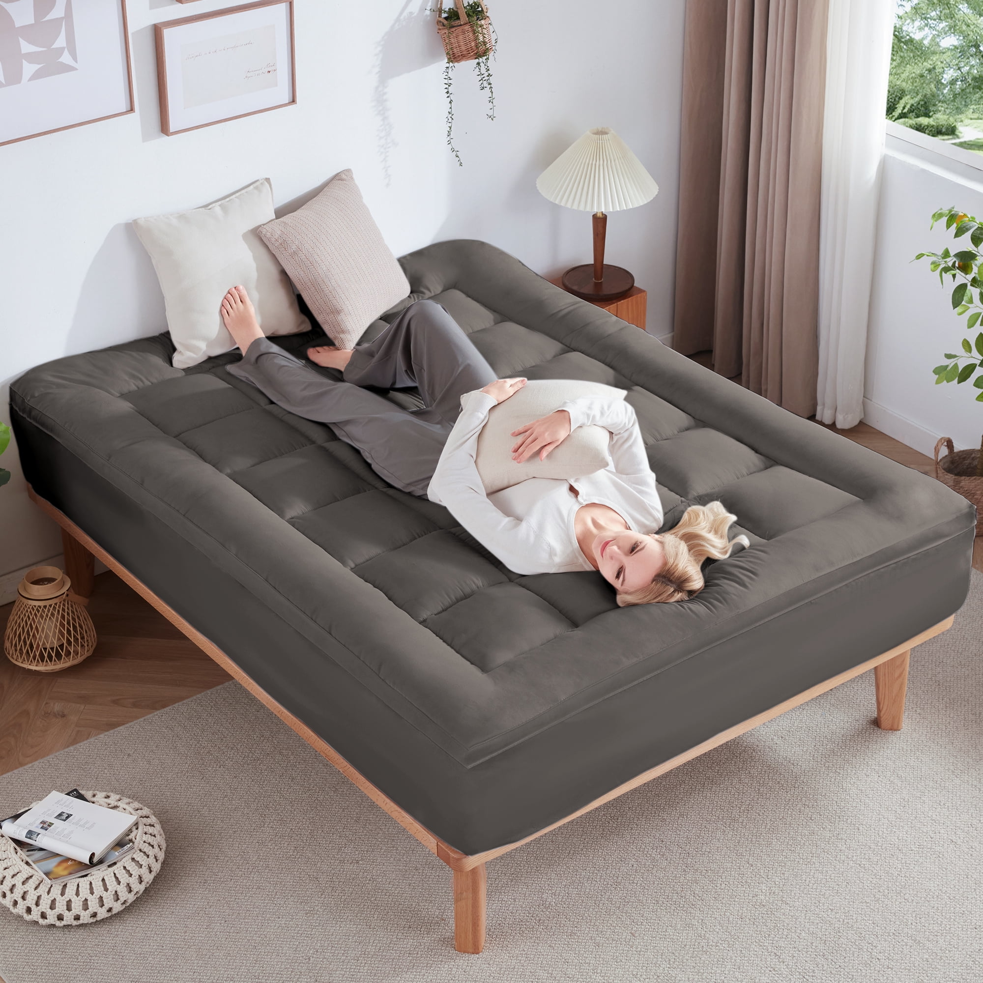 BDEUS Queen Size Dual Layer 5 inch Memory Foam Mattress Topper, 2 inch Gel Memory Foam and 3 inch Cooling Pillow Top Mattress Pad Cover for Back Pain,Gray