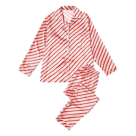 

Xutthjh Lightweight Satin Pajamas Women Family Pajamas Christmas Striped Printed Pants Family Blouse Pajamas Family Loungewear Lapel Shirts With Button