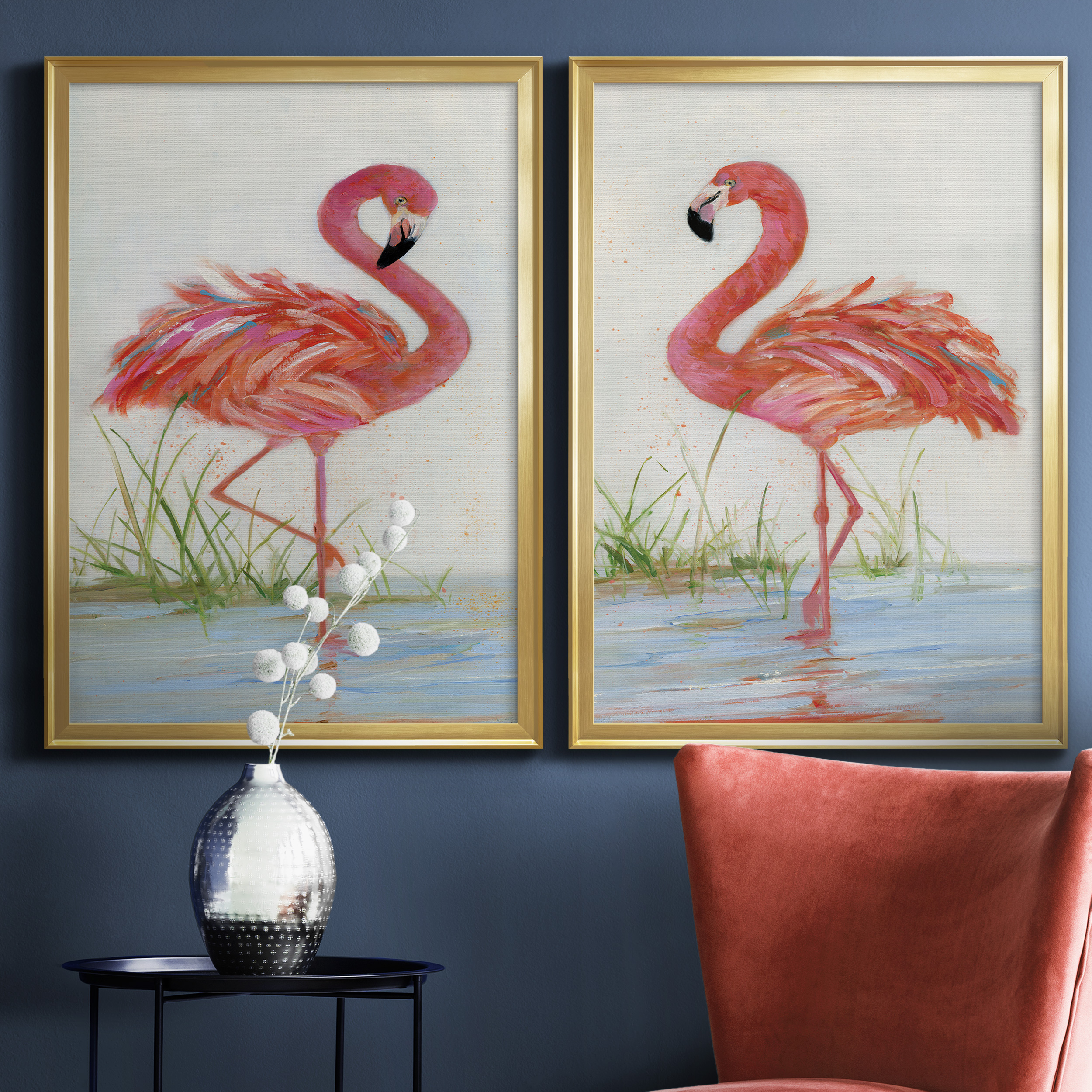 2 Piece Set Flamingo I Premium Framed Canvas - Ready to Hang - 26.5 x 36.5 Each - Gold Frame